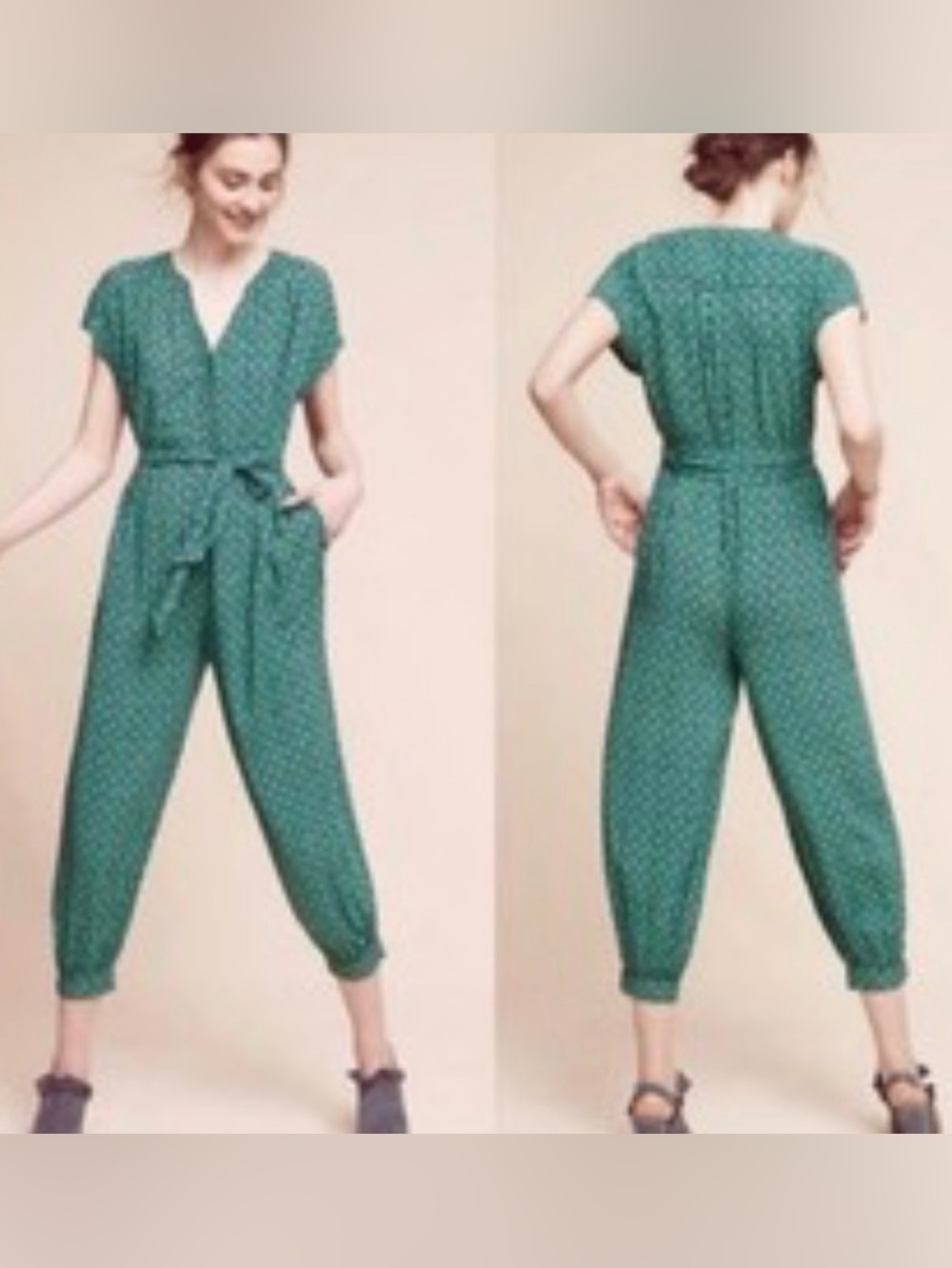 Anthropology Green&Navy floral Dot Wrap Jumpsuit - Women's xs boho oversize pool